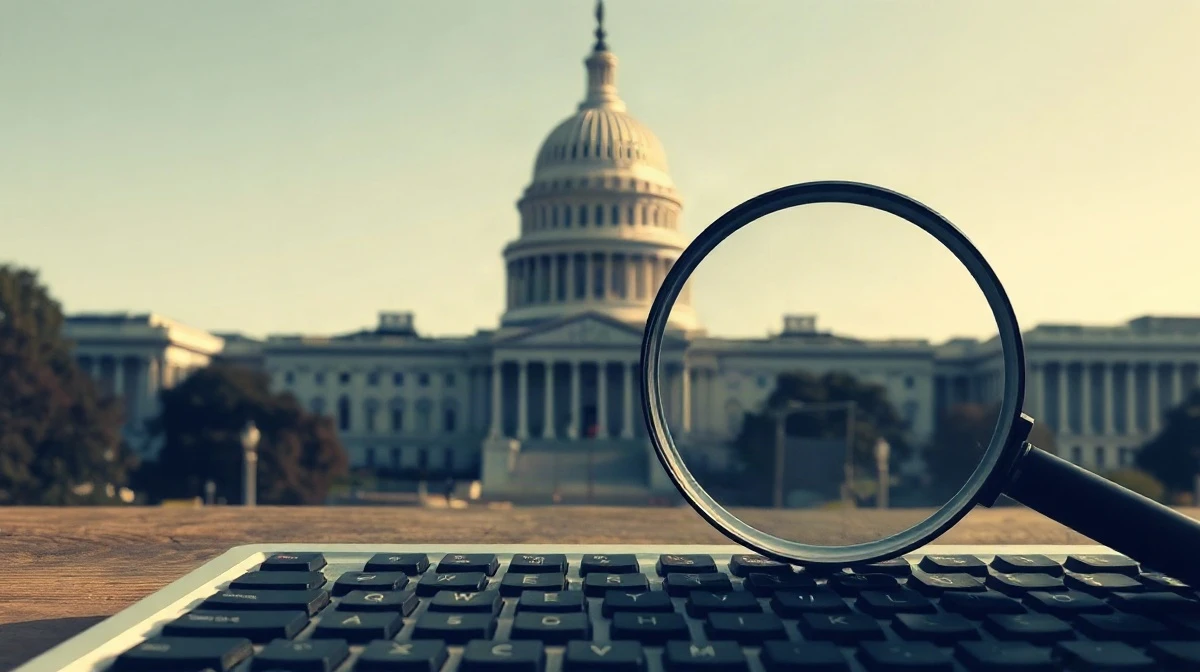 U.S. Capitol building with a magnifying glass over a keyboard, representing oversight of federal hacking tools