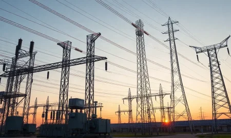 Electrical substation with transmission towers and solar panels at dusk, representing Xcel Energy's infrastructure investments