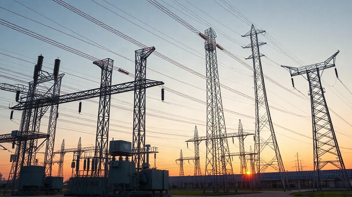 Electrical substation with transmission towers and solar panels at dusk, representing Xcel Energy's infrastructure investments