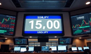 Digital exchange board in Tokyo showing USD/JPY rate at 159.00