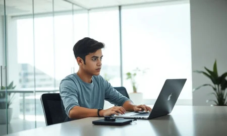 Young founder working on laptop in a San Francisco startup office