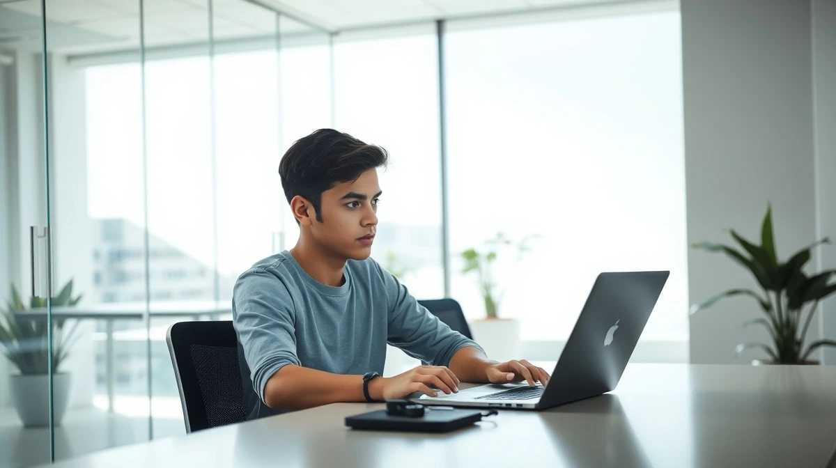 Young founder working on laptop in a San Francisco startup office