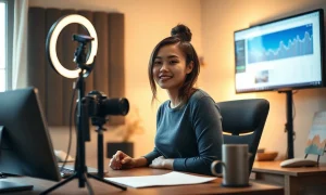 Content creator filming in a home studio with professional lighting and camera equipment