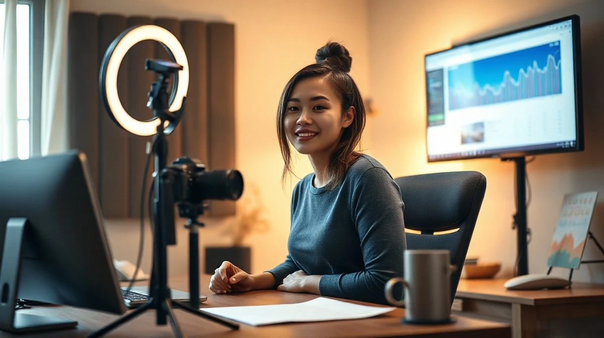Content creator filming in a home studio with professional lighting and camera equipment