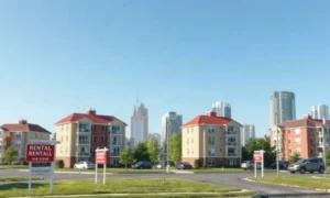 Apartment buildings and rental signs in a neighborhood, representing the rental market affected by the Zillow-Redfin settlement.