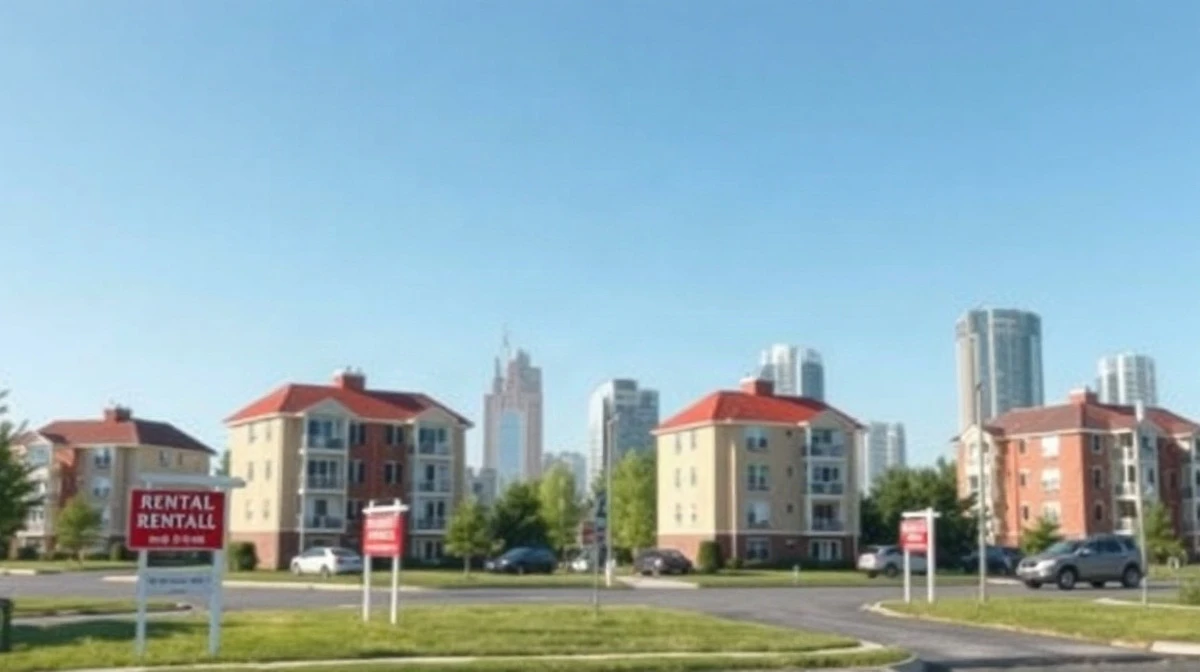 Apartment buildings and rental signs in a neighborhood, representing the rental market affected by the Zillow-Redfin settlement.