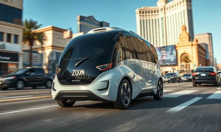 Autonomous robotaxi driving on a Las Vegas street with the Strip in the background