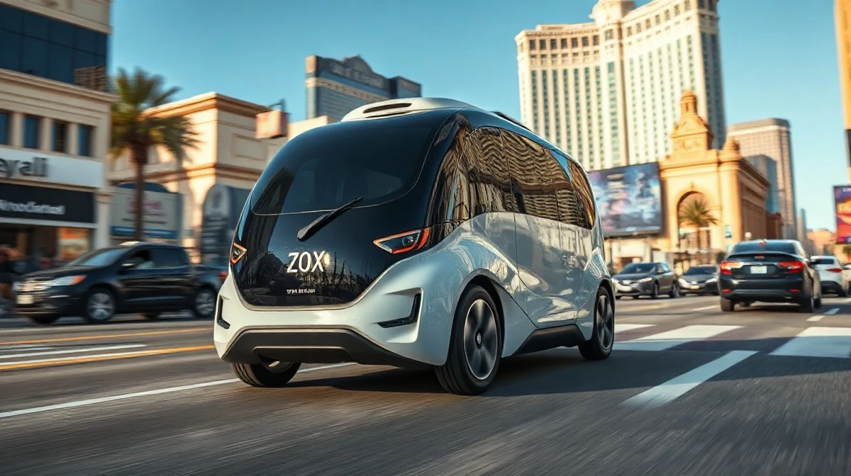 Autonomous robotaxi driving on a Las Vegas street with the Strip in the background