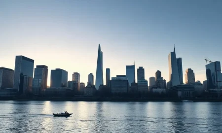 Frankfurt skyline with European Central Bank headquarters under clear morning light