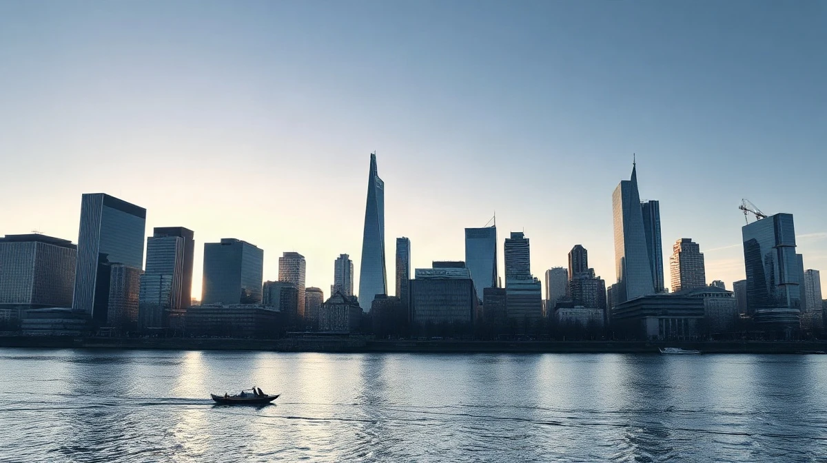 Frankfurt skyline with European Central Bank headquarters under clear morning light