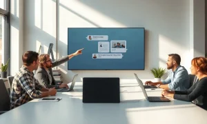 Creative team using Adobe tools through Slack chat interface on a large screen in a bright office