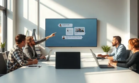 Creative team using Adobe tools through Slack chat interface on a large screen in a bright office