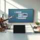 Creative team using Adobe tools through Slack chat interface on a large screen in a bright office