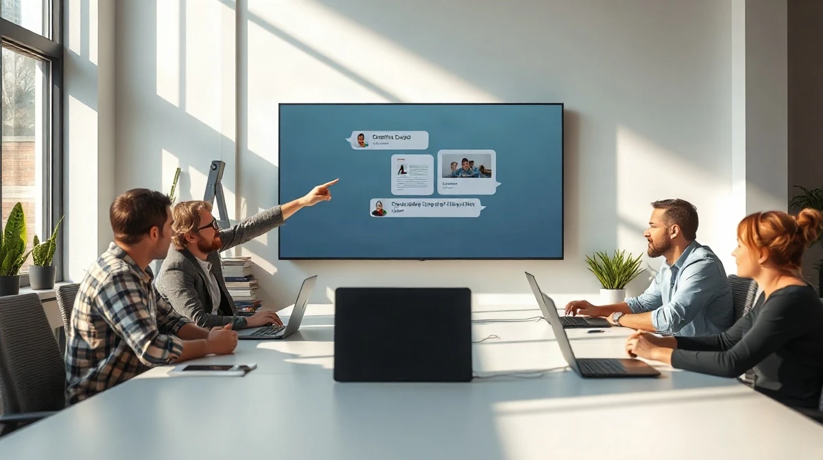 Creative team using Adobe tools through Slack chat interface on a large screen in a bright office
