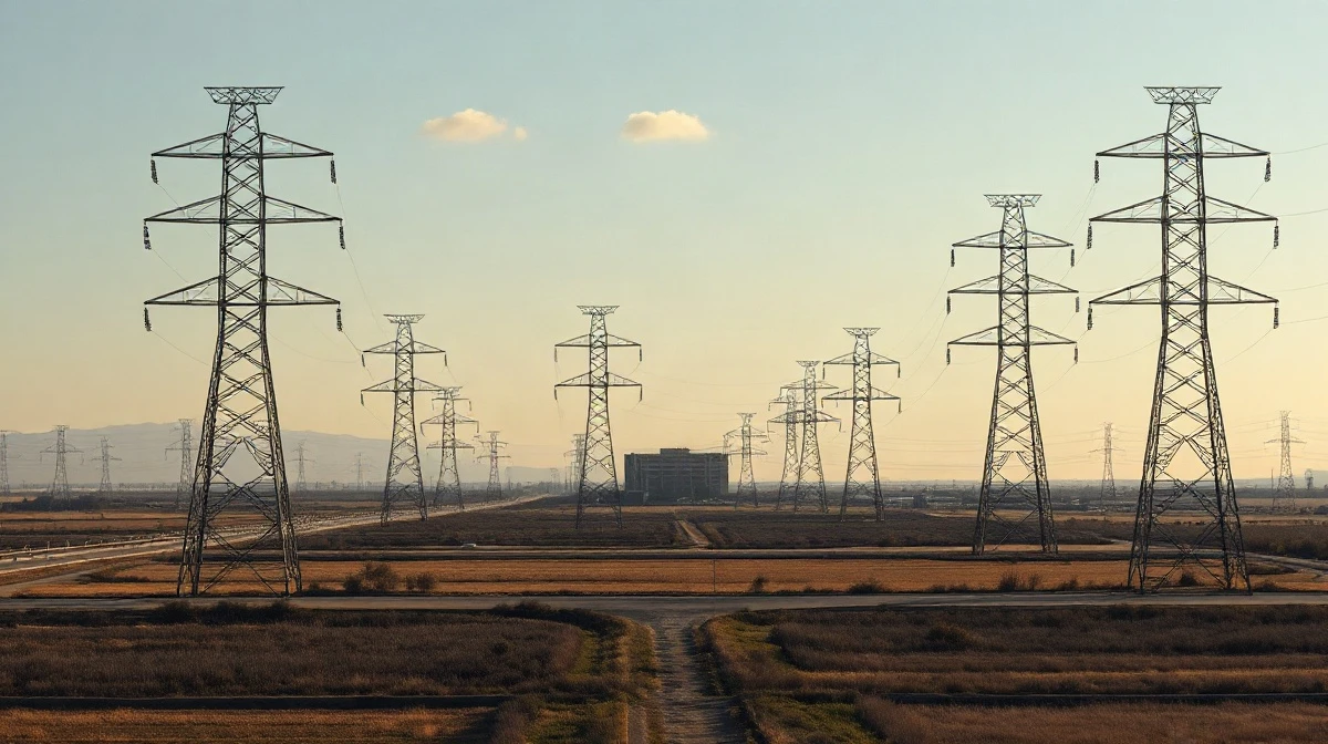 High-voltage transmission towers and power lines in front of a data center, illustrating AI infrastructure demands.