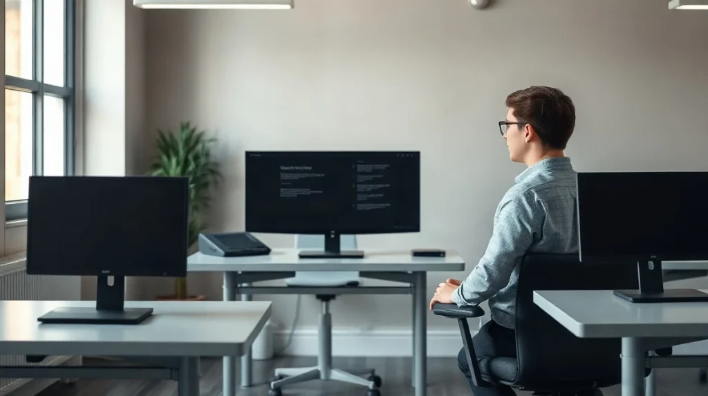 Junior ad agency employee reviewing AI-generated copy in a London office with empty desks nearby