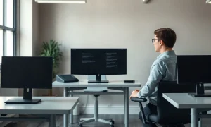 Junior ad agency employee reviewing AI-generated copy in a London office with empty desks nearby
