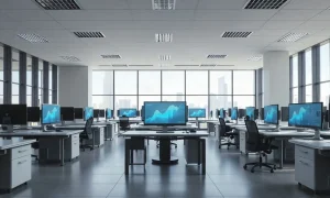 Empty corporate office with monitors showing data charts, representing a slowdown in AI spending