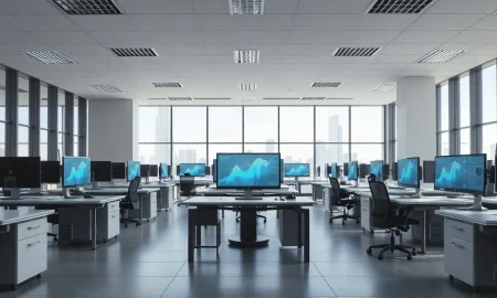 Empty corporate office with monitors showing data charts, representing a slowdown in AI spending
