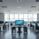 Empty corporate office with monitors showing data charts, representing a slowdown in AI spending