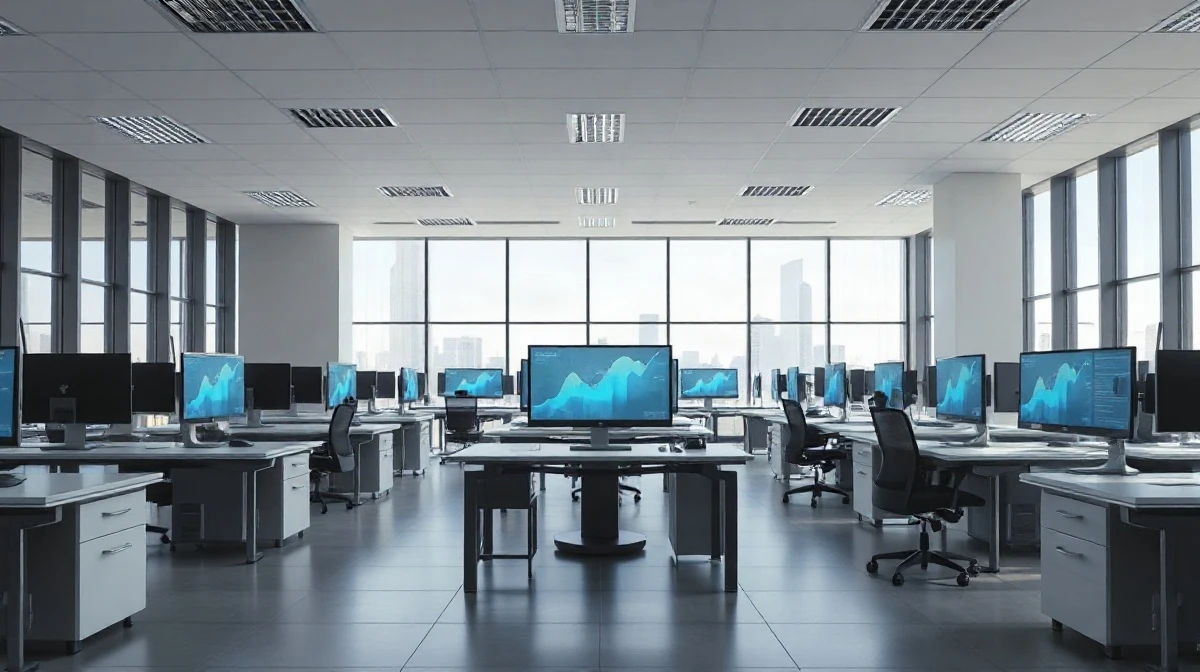 Empty corporate office with monitors showing data charts, representing a slowdown in AI spending