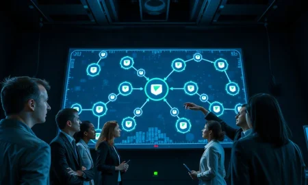 Security analysts monitoring AI agent network in a modern SOC, with green and red status indicators on screen