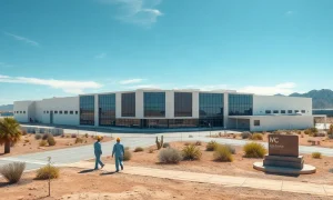 Aerial view of a large semiconductor packaging facility in the Arizona desert.