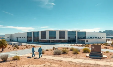 Aerial view of a large semiconductor packaging facility in the Arizona desert.