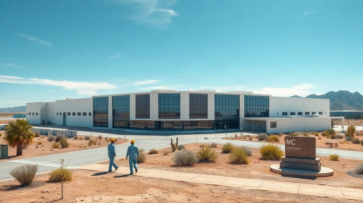 Aerial view of a large semiconductor packaging facility in the Arizona desert.