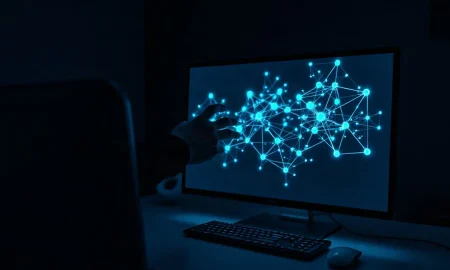A human hand reaching toward a computer monitor displaying a glowing neural network, representing AI risk.
