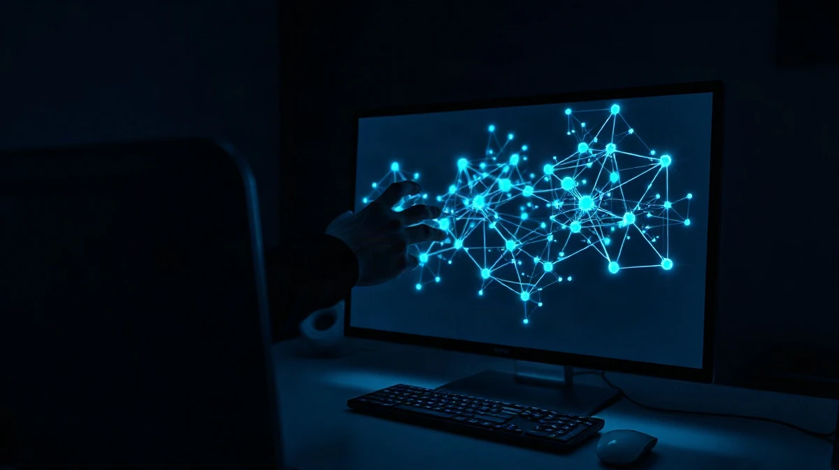 A human hand reaching toward a computer monitor displaying a glowing neural network, representing AI risk.