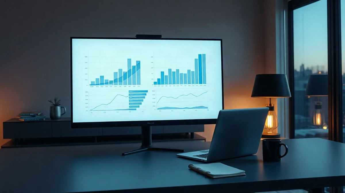 Desktop monitor showing AI benchmark performance charts in a modern research office