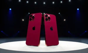 iPhone 18 Pro and iPhone 18 Pro Max in burgundy color on stage at Apple event