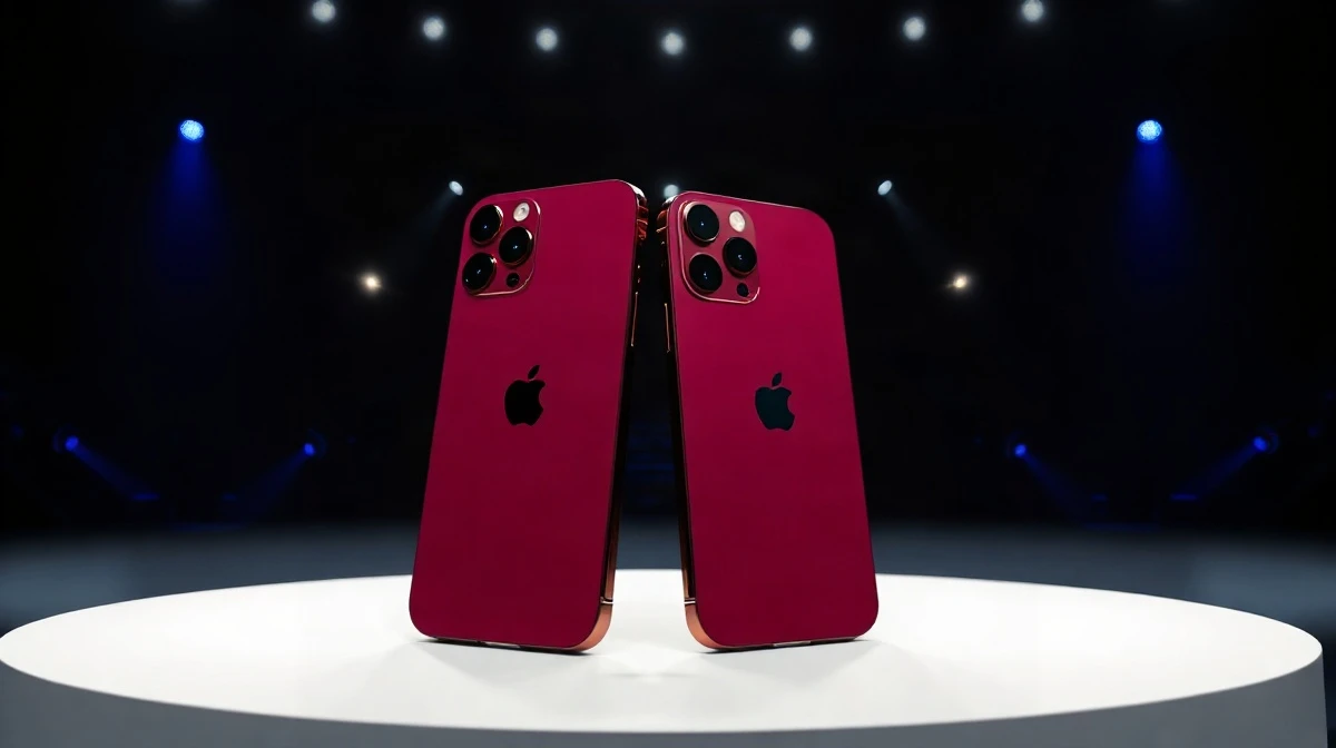 iPhone 18 Pro and iPhone 18 Pro Max in burgundy color on stage at Apple event