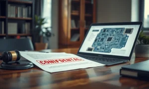 Legal documents and laptop on a table, symbolizing the Apple-OpenAI trade secrets lawsuit