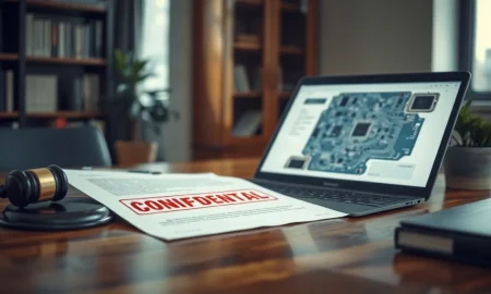 Legal documents and laptop on a table, symbolizing the Apple-OpenAI trade secrets lawsuit