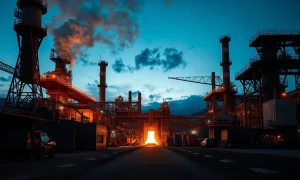 Aerial view of the ArcelorMittal steel production facility at dusk with molten metal glowing.