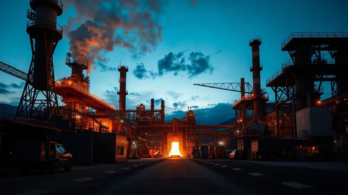 Aerial view of the ArcelorMittal steel production facility at dusk with molten metal glowing.