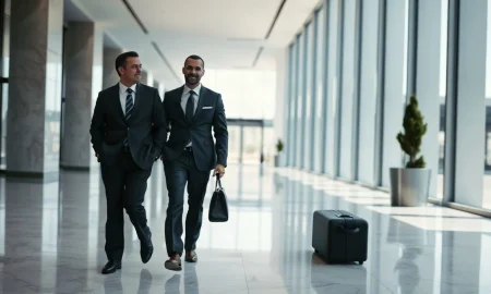 Two officials in suits walking through a corporate headquarters lobby after US-China trade talks