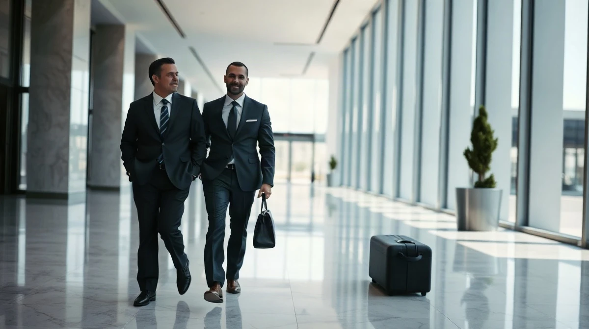 Two officials in suits walking through a corporate headquarters lobby after US-China trade talks