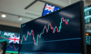 AUD/USD currency chart on a trading screen amid Australian dollar market analysis