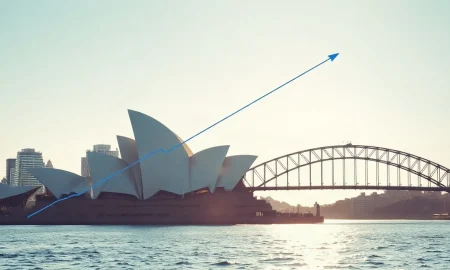 Sydney skyline with Opera House and Harbour Bridge under clear morning light, representing Australia's economic growth in Q2 2026.