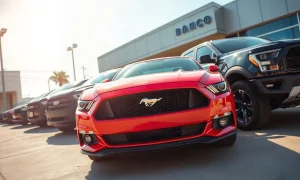 New Ford Mustang, Ranger, and Bronco Sport vehicles lined up at a dealership lot for Autonomy's subscription fleet.