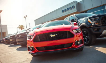 New Ford Mustang, Ranger, and Bronco Sport vehicles lined up at a dealership lot for Autonomy's subscription fleet.