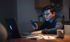 Person at a laptop holding a payment card, illustrating AI shopping agent fraud risk