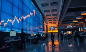 Traders at desks watching a rising Bitcoin price chart on a large screen