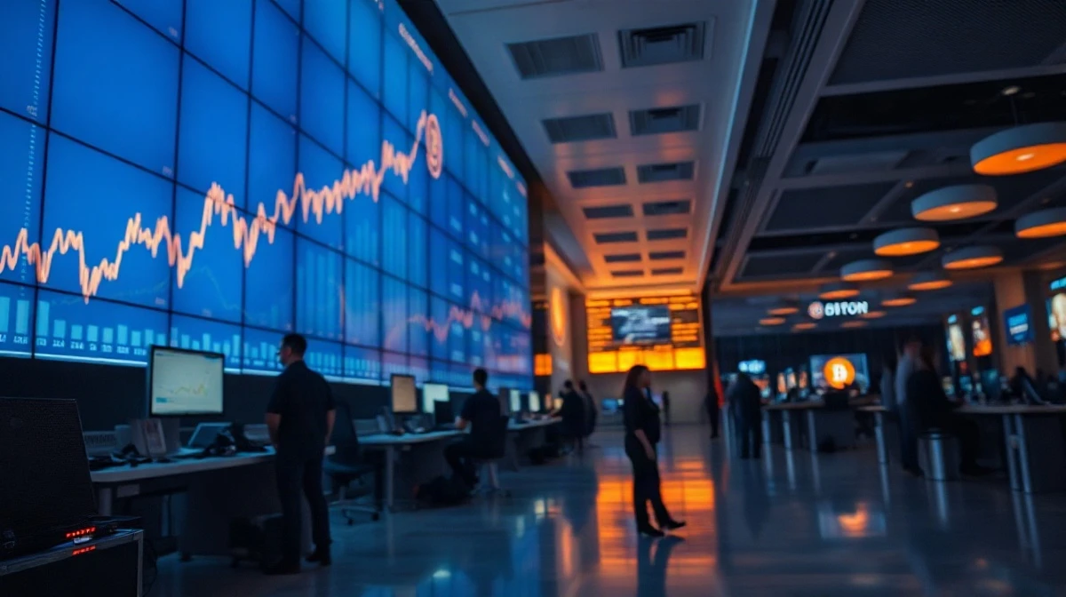 Traders at desks watching a rising Bitcoin price chart on a large screen