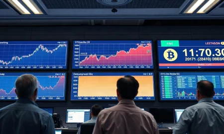 Traders watching exchange screens showing falling stock charts, rising oil and a bitcoin ticker