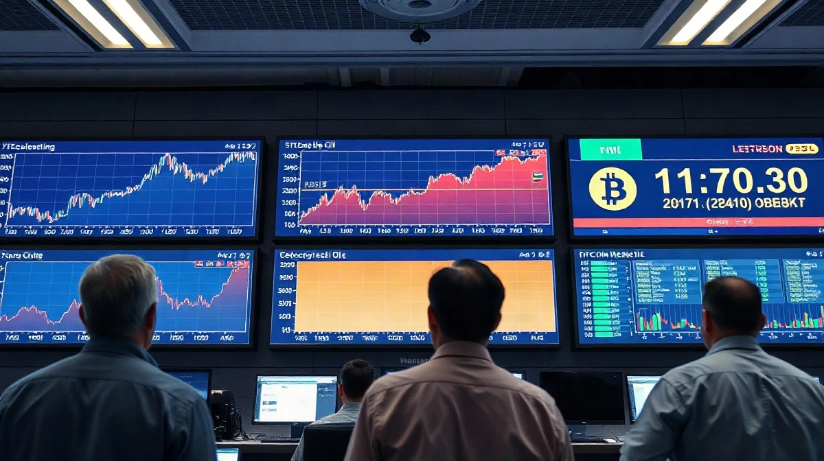 Traders watching exchange screens showing falling stock charts, rising oil and a bitcoin ticker