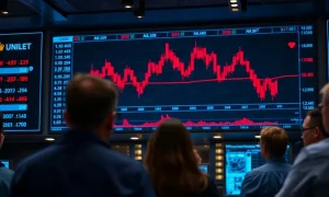 Trading floor display showing falling red cryptocurrency stock charts